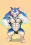 anthro biceps blue_body blue_fur bulge clothing fur male muscular muscular_anthro muscular_male simple_background smile solo teeth underwear white_body white_fur iceman1984 league_of_legends riot_games tencent gnar_(lol) mega_gnar_(lol) felid mammal yordle