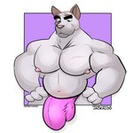 anthro biceps big_bulge big_pecs biped broad_shoulders brown_body brown_fur bulge clothed clothing detailed_bulge eyebrows fur genital_outline half_naked looking_down male mature_anthro mature_male multicolored_body multicolored_fur musclegut muscular muscular_anthro muscular_male navel nipples pecs penis_outline pink_clothing pink_thong pink_underwear scar solo thick_eyebrows thong topless two_tone_body two_tone_fur underwear white_body white_fur jackaloo monstadog emery_waldren canid canine canis domestic_dog great_dane mammal mastiff molosser 1:1 hi_res