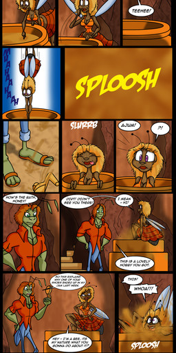 3_fingers 3_toes antennae_(anatomy) anthro barefoot black_border blonde_hair blue_bottomwear blue_clothing blue_eyes blue_jeans blue_pants blush border bottomwear bound breasts brown_body brown_eyes brown_hair clothed clothing denim denim_bottomwear denim_clothing dirt diving dominant dominant_anthro dominant_male dress duo ellipsis eyes_closed feet female fingers food foot_fetish foot_play frown grey_body hair honey_(food) insect_wings jeans laugh licking licking_lips lips long_hair male open_mouth pants pink_tongue red_bottomwear red_clothing red_dress red_lips red_shirt red_skirt red_topwear rock shirt short_hair skirt soles speech_bubble stairs text tickle_fetish tickle_torture tickling tickling_feet toes tongue tongue_out topwear wings geargades dirt_(geargades) violet_(geargades) arthropod bee hymenopteran insect 2015 absurd_res comic english_text hi_res