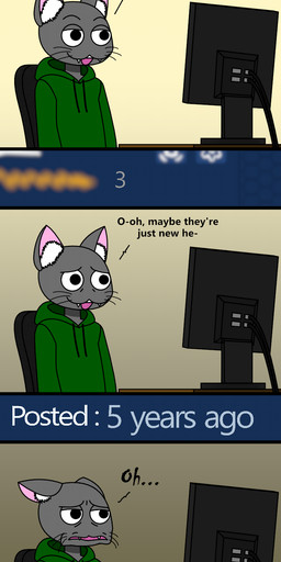 anthro cable chair clothing computer desk dialogue electronics fangs fur furniture grey_body grey_fur hoodie inner_ear_fluff male number office_chair simple_background solo table teeth text the_truth topwear tuft whiskers redcrystal e621 cedric_flemings domestic_cat felid feline felis mammal comic english_text hi_res reaction_image