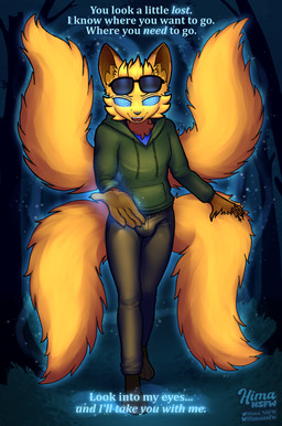 anthro blue_clothing blue_shirt blue_topwear bottomwear brown_bottomwear brown_clothing brown_pants bulge clothing dialogue eyewear foreshortening forest fur glowing glowing_eyes green_clothing green_jacket green_topwear hypnosis hypnotizing_viewer jacket looking_at_viewer male mind_control multi_tail orange_body orange_fur pants plant reaching_out ringed_eyes shirt shoeless solo sunglasses tail tail_grab text topwear tree hima_nsfw canid canine fox mammal absurd_res english_text hi_res