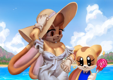 anthro beach brown_eyes brown_hair candy clothing dessert dress duo female food gloves hair handwear hat head_tuft headgear headwear lollipop long_ears mountain palm_tree plant ribbons sea sky skyscape smile sparkles tan_body tree tuft water fixie sega sonic_the_hedgehog_(series) cream_the_rabbit vanilla_the_rabbit lagomorph mammal hi_res daughter_(lore) mother_(lore) mother_and_child_(lore) mother_and_daughter_(lore) parent_(lore) parent_and_child_(lore) parent_and_daughter_(lore)