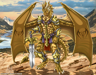 4_fingers 4_toes 8_horns anthro armor bottomwear broadsword claws clothing cloud dewclaw digitigrade facial_markings fantasy feet finger_claws fingers glacier greaves head_markings hip_markings horn landscape large_wings leg_markings loincloth male markings melee_weapon membrane_(anatomy) membranous_wings mountain multi_horn muscular muscular_anthro muscular_male nature_background outside photo_background river scales shadow shoulder_pads solo spade_tail standing sword tail tail_markings tapering_tail text toes unconvincing_armor vambrace weapon wing_markings wings yellow_body yellow_scales dqueen european_mythology mythology tekuryuu dragon mythological_creature mythological_scalie scalie western_dragon 2011 artist_name digital_drawing_(artwork) digital_media_(artwork) hi_res mixed_media photography_(artwork)