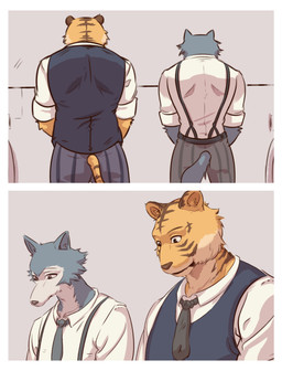 anthro bathroom biped bottomwear brown_body brown_fur clothed clothed_anthro clothed_male clothing duo fur furgonomic_bottomwear furgonomics grey_body grey_fur inside looking_down male markings necktie orange_body orange_fur pants rear_view standing striped_markings stripes tail three-quarter_view topwear uniform urinal vest white_body white_fur sadness_hao beastars bill_(beastars) legoshi_(beastars) canid canine canis felid mammal pantherine tiger wolf absurd_res colored comic hi_res shaded