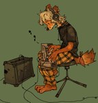 accessory ambiguous_gender amplifier anthro black_clothing black_shirt black_topwear bottomwear brown_body brown_fur clothed clothing collar ear_tuft electronics facial_piercing fully_clothed fur furgonomics furniture green_background hair headphones keyboard_instrument long_hair musical_instrument nose_piercing orange_body orange_fur pajamas pants paws piercing playing_music septum_piercing shirt simple_background solo spiked_collar spikes stool tail tail_accessory tailband tan_body tan_fur topwear tuft white_hair wire yellow_bottomwear yellow_clothing yellow_pants theodog77 keit_(squeakykeit) canid canine fox mammal red_fox true_fox hi_res trans_(lore) trans_woman_(lore)