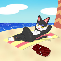 anthro balls beach beach_towel big_balls big_penis black_body black_fur casual_nudity clothing cloud crossed_legs dipstick_tail discarded_clothing eyeshadow flaccid foreskin fur genitals gloves_(marking) humanoid_genitalia humanoid_penis leg_markings looking_at_viewer makeup male markings nude outside penis public public_nudity reclining sea sky socks_(marking) solo tail tail_markings thick_thighs towel water white_body white_fur yellow_sclera kamek_sans animal_crossing nintendo punchy_(animal_crossing) domestic_cat felid feline felis mammal 1:1 absurd_res hi_res