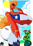 anthro big_breasts big_butt bra breasts butt chilean_flag claws clothing day duo feathers female flag_clothing green_body huge_breasts huge_butt hyper hyper_butt outside plant red_body red_feathers side_view sky standing tail tail_feathers thick_thighs underwear winged_arms wings princedragonsfw nintendo pokemon avian elemental_creature flora_fauna generation_2_pokemon generation_5_pokemon ho-oh legendary_pokemon maractus pokemon_(species) 2024 digital_media_(artwork) hi_res