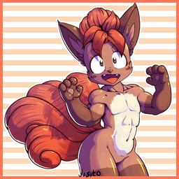 6_tails abs abstract_background ambiguous_gender anthro anthrofied biceps black_eyes blush blush_lines blush_stickers border breasts brown_body brown_fur cute_fangs eyelashes fangs female flat_chested fur leg_markings markings multi_tail muscular muscular_anthro muscular_female nude orange_border pattern_background pawpads pokemorph simple_background socks_(marking) solo striped_background tail teeth thick_thighs wide_hips jisito nintendo pokemon generation_1_pokemon pokemon_(species) vulpix 1:1
