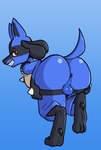 anthro anus balls big_butt blue_body butt clothing digitigrade femboy genitals looking_back lowering_pants male pawpads presenting presenting_hindquarters red_eyes smile solo undressing fours_(artist) nintendo pokemon canid canine canis generation_4_pokemon jackal lucario mammal pokemon_(species) hi_res