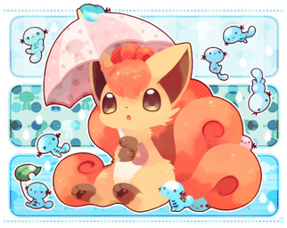3_toes abstract_background ambiguous_gender blue_body blue_eyes blue_markings brown_body brown_eyes brown_fur brown_inner_ear brown_markings brown_pawpads curled_tail digitigrade droplets extreme_size_difference featureless_feet feet feral fur gills gloves_(marking) group hair holding_object holding_umbrella kemono leaf leg_markings markings micro multi_tail multicolored_body multicolored_fur one_eye_closed open_mouth orange_body orange_fur orange_hair orange_tail pawpads paws pink_body pink_umbrella raining sitting size_difference smile socks_(marking) tail toes two_tone_body umbrella water white_body white_fur white_markings michi_runi nintendo pokemon aquatic canid canine generation_1_pokemon generation_2_pokemon mammal pokemon_(species) shiny_pokemon vulpix wooper digital_drawing_(artwork) digital_media_(artwork) unavailable_at_source