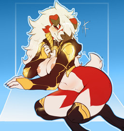 5_fingers anthro anthrofied areola barely_visible_genitalia barely_visible_vulva big_breasts biped breasts clothed clothing female fingers fur genitals hair hair_over_eye jacket legwear long_hair looking_at_viewer nipples one_eye_obstructed pokemorph red_body red_eyes red_fur slightly_chubby solo topwear vulva white_body white_fur white_hair avante92 nintendo pokemon canid canine generation_7_pokemon lycanroc mammal midnight_lycanroc pokemon_(species) werecreature 2017 digital_media_(artwork) hi_res