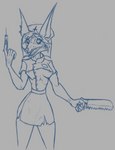 anthro big_ears breasts clothed clothing evil_grin female hair hat headgear headwear horror_(theme) looking_at_viewer nurse nurse_clothing nurse_hat nurse_headwear nurse_uniform saw smile solo tools uniform the_dark_skull kinktober godless_nurse canid canine canis jackal mammal digital_media_(artwork) drawpile_(artwork)