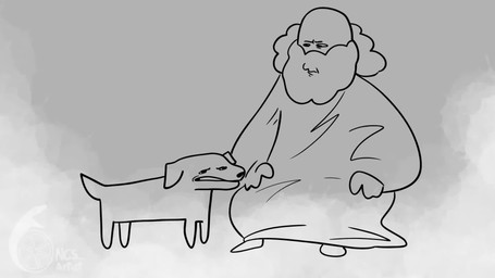 candy chocolate clothed clothing death dessert duo electricity food humor lightning simple_background ncs canid canine canis deity domestic_dog human mammal 16:9 2023 2d_animation animated english_audio hi_res short_playtime signature sound video voice_acted watermark widescreen