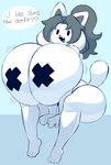 anthro big_breasts big_butt blush blush_lines breasts butt cute_fangs fangs female grey_hair hair happy huge_breasts hyper hyper_breasts looking_at_viewer nipple_tape nipple_tape_only pasties sitting smile solo speech_bubble tape teeth text thick_thighs white_body angstrom undertale undertale_(series) temmie_(deltarune) temmie_(undertale) mammal tem hi_res