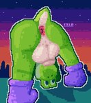 all_fours animal_genitalia anthro anus balls clothing footwear genitals green_body male mostly_nude outside presenting presenting_anus purple_clothing purple_footwear purple_shoes red_anus sheath shoes solo sunset upside_down cilokyne mario_bros nintendo yoshi digital_media_(artwork) pixel_(artwork)