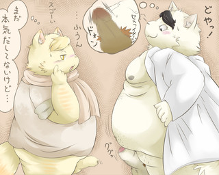 anthro balls belly blush bottomless clothed clothing coat coat_only comparing comparing_penis duo erection foreskin fur genitals lab_coat male male/male nipples overweight overweight_male penis pubes text topwear topwear_only white_body white_fur young young_anthro xxxl+ cyberconnect2 fuga:_melodies_of_steel little_tail_bronx boron_brioche doktor_blutwurst domestic_cat felid feline felineko felis mammal 2023 5:4 japanese_text translation_request
