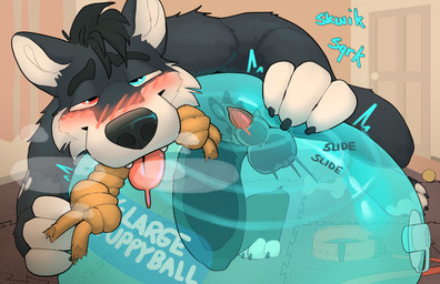 against_surface animal_genitalia anthro ball balls bdsm bedroom_eyes blush blush_lines blushing_profusely bodily_fluids chew_toy collar drooling drooling_tongue genital_fluids genitals glistening glistening_genitalia humping inflatable inflatable_ball inflatable_valve leaking_precum looking_at_viewer looking_pleasured male male_anthro motion_lines narrowed_eyes object_humping onomatopoeia penis penis_tip petplay precum puppyplay roleplay saliva seductive sex_toy sheath slippery solo sound_effects squeaking text toy_humping translucent transparent_object transparent_sex_toy wet_surface statiik_(artist) canid mammal absurd_res hi_res