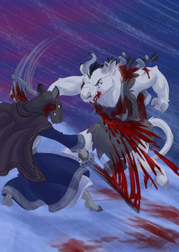 anthro arrow_(weapon) axe biped blood blood_on_weapon bodily_fluids brown_body brown_fur clenched_teeth clothed clothing duo eye_wound female fight fur gore horn melee_weapon night outside ranged_weapon slash snow snowing swinging_weapon sword tail teeth weapon white_body white_fur white_tail wind wound_on_face wounded bjekkergauken mythology hjordis the_weapon_thief aurochs bovid bovine deer mammal moose new_world_deer recently_extinct_species 2025 colored comic hi_res