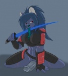 anthro armor big_breasts big_penis blue_body blue_fur blue_hair blue_nose bottomless breasts clothed clothing erection fingerless_gloves fur genitals gloves glowing green_nose green_tongue grey_penis gynomorph hair handwear intersex long_hair long_tongue looking_at_viewer melee_weapon navel penis ponytail red_eyes scar solo spread_legs spreading sword tongue vein weapon okamy samuraidemon mizuki_(samuraidemon) canid canine demon mammal 2011