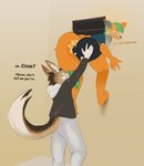 anthro butt clothed clothing dialogue duo fart fur green_hair hair hand_on_butt holding_partner imminent_fart male male/male multicolored_body multicolored_fur orange_body orange_fur pushing text lichee casey_(sodawunk) harley_(sodawunk) canid canine canis hybrid jackal mammal mephitid skunk wolf absurd_res english_text hi_res