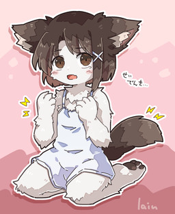3_toes 5_fingers alternate_species ambiguous_gender anthro biped blush blush_lines bodily_fluids chest_tuft clothed clothed_anthro clothing cute_fangs dot_nose emanata fangs feet fingers fist fur furrification inner_ear_fluff kemono kneeling open_mouth overalls overalls_only pawpads seiza simple_background sitting solo tail teardrop tears teeth text three-quarter_view toes tuft white_body white_fur kedamamax serial_experiments_lain iwakura_lain domestic_cat felid feline felis mammal 2024 character_name digital_media_(artwork) hi_res japanese_description japanese_text translated translated_description female_(lore)