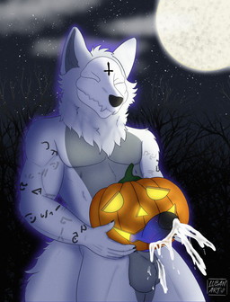 anthro balls bodily_fluids bone cloud cross cum ejaculation erection exhibitionism food fruit fur genital_fluids genitals grey_body grey_fur inverted_cross knot knotted_penis male messy moon neck_tuft outside penetration penis plant pumpkin runes skull solo tail tuft white_body white_fur lubanart asylumcursed canid canine mammal skulldog_(species) absurd_res hi_res