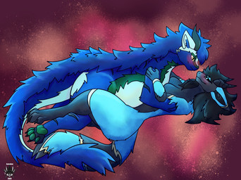 abstract_background anthro arm_markings belly big_belly big_butt black_body black_claws black_fur black_hair black_horn black_sclera blue_body blue_eyes blue_fur blue_hair blue_markings blush breasts butt claws dorsal_mane duo ear_markings entwined_legs facial_markings female fluffy fluffy_tail fur green_body green_fur green_pawpads hair head_markings holding_another holding_arm holding_partner holding_shoulder horn hug huge_thighs hugging_another hugging_partner leg_markings long_hair looking_at_another looking_at_partner male markings overweight overweight_anthro overweight_male pawpads pinning_down red_background red_blush ribbed_horn simple_background smooth_horn tail tail_markings thick_thighs thigh_markings white_body white_fur white_sclera yellow_eyes yellow_markings azorukon mythology burzzy sevan_(k'braid) dragon furred_dragon furred_drake furred_scalie mythological_creature mythological_scalie scalie hi_res trans_(lore) trans_woman_(lore)