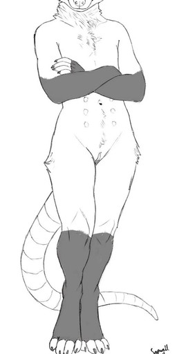 anthro belly_nipples chest_tuft crossed_arms feet female genitals looking_offscreen multi_nipple nails navel neck_tuft nipples pubes simple_background solo standing tail toenails toes tuft vulva sopwall lupo_(lupopossum) american_opossum mammal marsupial 2026 digital_media_(artwork) hi_res monochrome signature