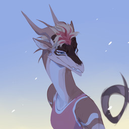 2_horns anthro blonde_hair blue_eyes brown_body brown_horn clothed clothing fangs female gradient_background hair horn multicolored_clothing multicolored_hair multicolored_topwear narrowed_eyes pink_clothing pink_topwear red_hair simple_background solo tail teeth three-quarter_view topwear two_tone_clothing two_tone_hair two_tone_topwear unsigned white_body white_clothing white_topwear corzh77 mythology dragon mythological_creature mythological_scalie scalie 1:1 absurd_res bust_portrait hi_res icon portrait