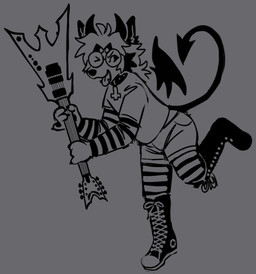 anthro boots clothing collar cross electric_guitar eyewear footwear glasses guitar horn inverted_cross legwear male musical_instrument plucked_string_instrument shoes solo spade_tail stockings string_instrument tail hirsch canid canine canis demon domestic_dog mammal digital_media_(artwork) hi_res monochrome