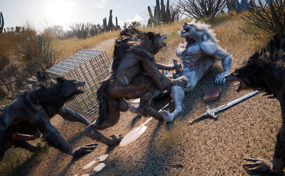 afternoon anthro aroused bodily_fluids cactus claws cum cum_spill desert duo ejaculation erection genital_fluids genitals group group_nudity howl male male/male masturbation orgasm penis plant tail text wet foirgairwolf mythology canid canine mammal mythological_canine mythological_creature werecanid werecanine werecreature werewolf 3d_(artwork) absurd_res blender_(artwork) blender_cycles_(artwork) digital_media_(artwork) english_text hi_res