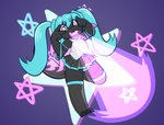 anthro black_body blue_hair bottomwear clothing cosplay crossover_cosplay female glowing hair panties purple_eyes skirt solo star twintails_(hairstyle) underwear ninebuttom godzilla_(series) miku_miku_beam toho vocaloid godzilla hatsune_miku reptile scalie crossover