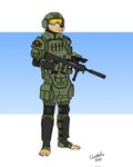 anthro armor barefoot clothing eyewear feet goggles green_eyes gun holding_gun holding_object holding_ranged_weapon holding_weapon looking_at_viewer male military military_clothing military_gear military_gloves military_helmet military_jacket military_pants military_uniform ranged_weapon soldier soldier_uniform solo uniform warrior weapon bartek22 brazilian_dawg_(ricthecusco) hi_res