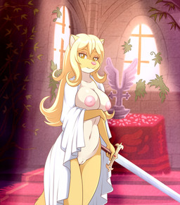 anthro areola arm_under_breasts blonde_hair breasts church clothed clothing female fur genitals hair holding_arm holding_melee_weapon holding_object holding_sword holding_weapon inverted_nipples long_hair looking_at_viewer melee_weapon multicolored_body multicolored_fur navel nipples open_clothing open_robe overgrown partially_clothed robe solo standing sword two_tone_body two_tone_fur vulva weapon white_body white_fur yellow_body yellow_fur lonbluewolf arianna_edens mammal mink mustelid musteline true_musteline 2021 hi_res story story_in_description
