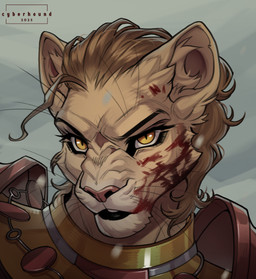 anthro blood bodily_fluids brown_body brown_fur brown_hair clothed clothing female fur hair narrowed_eyes open_mouth pink_body pink_skin solo tan_body teeth topwear whiskers white_body white_fur cyberhound microsoft the_elder_scrolls felid khajiit mammal portrait three-quarter_portrait