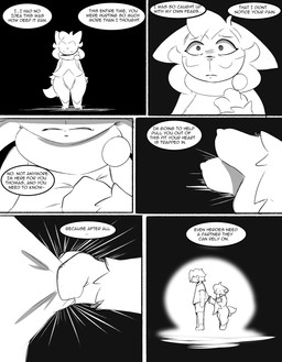anthro clenched_teeth darkness dialogue duo ears_down female grabbing_another hand_to_chest head_down holding_chest looking_down male pivoted_ears reaching reaching_out sad shirt_grab teeth text wide_eyed spicykiwi nintendo pokemon thomas_(spicykiwi) tulip_(spicykiwi) floragato generation_9_pokemon human mammal pokemon_(species) absurd_res comic english_text hi_res monochrome story