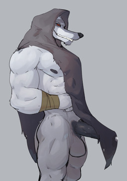 anthro arm_wrapping arm_wraps balls biceps black_nipples black_nose black_penis bodily_fluids bottomless casual_erection chin_tuft cloak clothed clothing darkened_genitalia darkened_penis erection erection_under_clothing facial_markings facial_tuft fur fuzzy genital_fluids genitals grey_background grey_body grey_fur grin head_markings hood hood_up humanoid_genitalia humanoid_penis ineffective_clothing looking_at_viewer male male_anthro markings mask_(marking) mostly_nude muscular muscular_anthro muscular_male muscular_thighs narrowed_eyes nipples pecs penis poncho precum precum_through_clothing red_eyes side_view simple_background smile solo standing tenting tuft vein veiny_penis wet wet_clothing wrapped_arms wraps jrjresq dreamworks puss_in_boots_(franchise) death_(puss_in_boots) canid canine canis mammal wolf hi_res