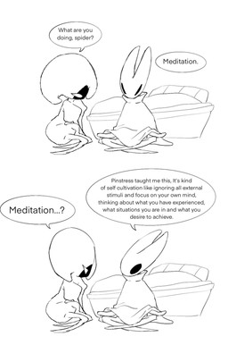 anthro black_face clothed clothing dialogue duo female meditation simple_background sitting speech_bubble talking_to_another text white_background white_body katatsumu_ktkt hollow_knight:_silksong hollow_knight_(franchise) team_cherry hornet_(hollow_knight) lace_(hollow_knight:_silksong) arachnid arthropod spider comic english_text hi_res monochrome