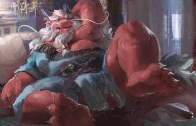 anthro armpit_hair beard bodily_fluids body_hair claws drooling drunk facial_hair horn kemono male mature_anthro mature_male muscular muscular_anthro muscular_male nipples red_body saliva solo substance_intoxication tail moziqiao_(artist) asian_mythology east_asian_mythology moziqiao mythology dragon eastern_dragon mythological_creature mythological_scalie scalie 2019 hi_res