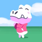 anthro black_eyes blush blush_lines clothing cloud eyes_closed grass happy hoodie male on_grass outside pink_clothing pink_hoodie pink_topwear plant scales sharp_teeth smile solo standing tail teeth topwear white_body white_nose white_scales white_tail datbx animal_crossing nintendo datbx_(datbx) fan_character alligator alligatorid crocodilian reptile scalie 1:1 2020 digital_media_(artwork) hi_res