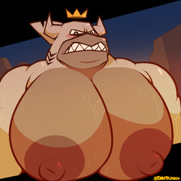 angry anthro big_breasts blush blush_lines bodily_fluids breasts clenched_teeth crown embarrassed flustered front_view headgear horn huge_breasts hyper hyper_breasts light looking_at_viewer male moobs musclegut muscular nipples overweight overweight_anthro overweight_male rock showing_teeth sky solo sweat teeth digitalkibou gameoverse glitch_productions snappers_(gameoverse) aquatic fish shark 1:1 absurd_res hi_res