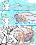 biped fishing group interrobang open_mouth sky skyscape underwater water cbomochi capcom monster_hunter felid felyne human leviathan_(mh) lynian mammal marine palico scalie uth_duna 2025 colored comic hi_res