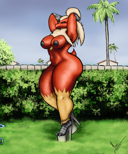 anthro areola big_breasts big_butt biped black_areola black_eyebrows black_eyeshadow black_lipstick black_nipples blue_eyes breasts building butt clothing eyebrow_piercing eyebrows eyeshadow facial_piercing feather_hair feathers female female_anthro footwear footwear_only glistening glistening_body grass grey_clothing grey_footwear grey_high_heels half-closed_eyes hands_behind_head high_heels high_heels_only house lipstick looking_at_viewer makeup mostly_nude mostly_nude_anthro mostly_nude_female multicolored_body multicolored_feathers narrowed_eyes navel navel_piercing nipples non-mammal_breasts non-mammal_navel non-mammal_nipples outside palm_tree piercing plant pseudo_hair red_body red_feathers red_tail scut_tail scuted_arms scuted_feet scutes shoes short_tail small_waist solo tail tan_body tan_feathers thick_thighs tree wide_hips yellow_body yellow_feathers yellow_sclera rokkofennec nintendo pokemon avian bird blaziken generation_3_pokemon pokemon_(species) 2025 5:6 absurd_res dated hi_res signature