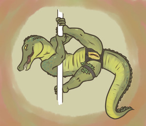 accessory anthro barefoot biped butt clothed clothing feet female garter genitals green_body green_skin looking_at_viewer money money_in_garter mostly_nude open_mouth pole presenting presenting_hindquarters presenting_vulva pupils raised_leg sharp_teeth slit_pupils smile solo spread_legs spreading stripper stripper_pole teeth thong topless underwear vulva yellow_eyes romaine_(artist) crocodile crocodilian reptile scalie