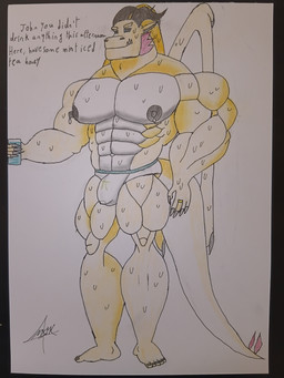 abs anthro blue_eyes bodily_fluids briefs bulge clothing glass iced_tea male married_couple membrane_(anatomy) membranous_wings muscular muscular_anthro muscular_male nipples red_body red_scales scales solo sweat text underwear wet_briefs wings yellow_body maximonake mythology elliot_callios dragon mythological_creature mythological_scalie scalie winged_dragon 3:4 absurd_res english_text hi_res