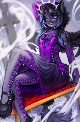 anthro biped black_clothing black_footwear black_hair black_shoes black_wings clothing corset cross facial_piercing femboy footwear hair legwear lingerie male mary_janes nose_piercing piercing purple_clothing shoes sitting solo stockings topwear wings sleepyhelen species_request 2022