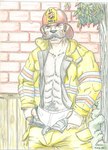 abs anthro armor bottomwear clothed clothing facial_hair firefighter firefighter_helmet firefighter_uniform headgear helmet male mature_male mustache navel open_bottomwear open_clothing open_pants pants solo underwear undressing uniform borni mammal 2005