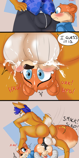 anal anthro balls balls_deep big_balls big_penis black_penis bodily_fluids bottomwear bulge butt clothed clothing cum deep_throat dominant duo erection fellatio forced forced_oral fully_clothed genital_fluids genitals half-erect humanoid_genitalia humanoid_penis interspecies irrumatio larger_dom male male/male male_penetrated male_penetrating male_penetrating_male nude oral oral_penetration pants penetration penile penis penis_in_mouth rough_sex sex size_difference throat_swabbing starit conker's_bad_fur_day rareware conker tao_zee hare lagomorph leporid mammal rodent sciurid tree_squirrel absurd_res hi_res