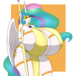 anthro big_breasts bottomwear breasts clothing cutie_mark female horn huge_breasts hyper hyper_breasts loincloth markings solo staff tribal tribal_markings wings goldrex945 marauder6272 friendship_is_magic hasbro my_little_pony mythology princess_celestia_(mlp) equid equine mammal mythological_creature mythological_equine winged_unicorn hi_res