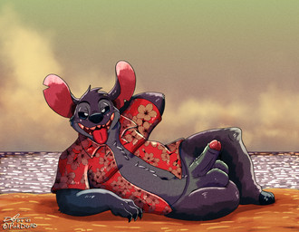 aloha_shirt anthro anthrofied balls blue_balls blue_body blue_fur blue_nose bottomless breath claws clothed clothing cloud erection feet finger_claws fingers foreskin fur genitals gesture glans humanoid_genitalia humanoid_penis looking_at_viewer male notched_ear open_clothing open_mouth open_shirt open_smile open_topwear overweight overweight_male panting pattern_clothing pattern_shirt pattern_topwear penis pink_glans reclining sand sea seaside shirt slightly_chubby smile solo sunset toes tongue tongue_out topwear water dgpro95 disney lilo_and_stitch stitch_(lilo_and_stitch) alien experiment_(lilo_and_stitch) 2023 hi_res